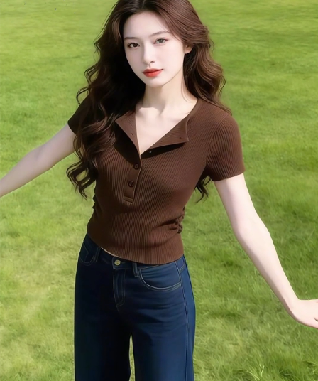 2026 여름 새로운 여성 패션 외국 가스 레트로 긍정적 인 어깨 반팔 니트 스웨터 작은 키 허리 수축 슬림해 보이는 맨위