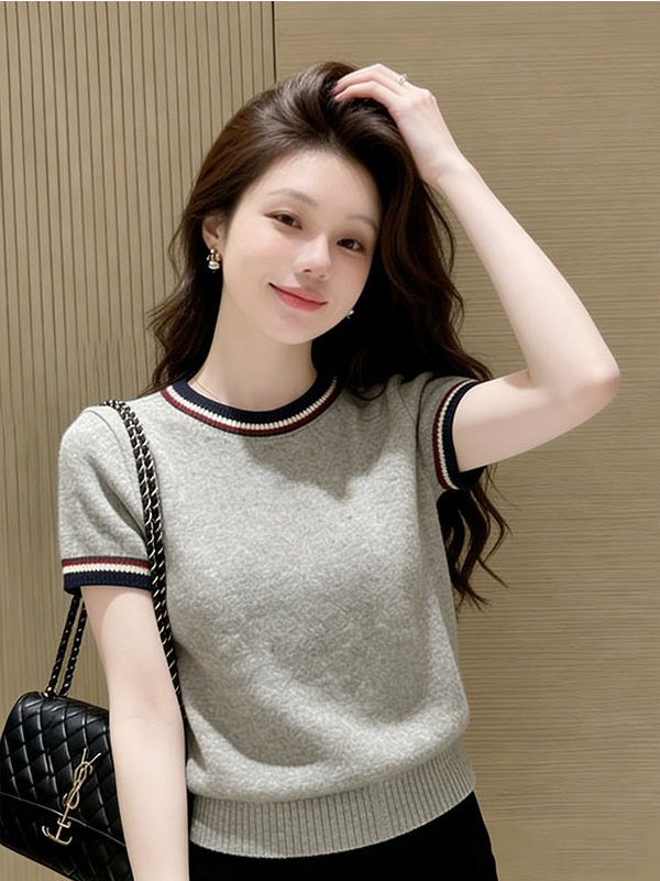 배색 라운드 넥 반팔 니트 스웨터 여성 회색 디자인 센스 출퇴근 맨위 프로 피부 편안함 인사이드 가져 가라. 몸매 가꾸기 기본 셔츠
