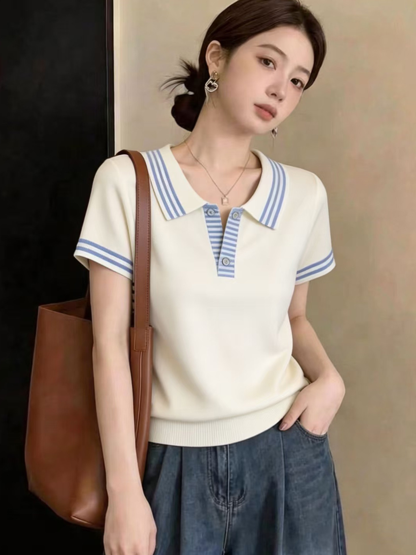 POLO 칼라 반팔 니트 스웨터 티셔츠 여성 여름 새로운 스트라이프 패치워크 슬림해 보이는 패션 긍정적 인 어깨 의류 출퇴근 바람