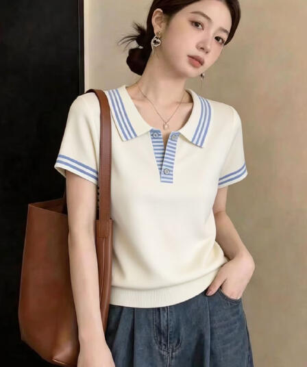 POLO 칼라 반팔 니트 스웨터 티셔츠 여성 여름 새로운 스트라이프 패치워크 슬림해 보이는 패션 긍정적 인 어깨 의류 출퇴근 바람
