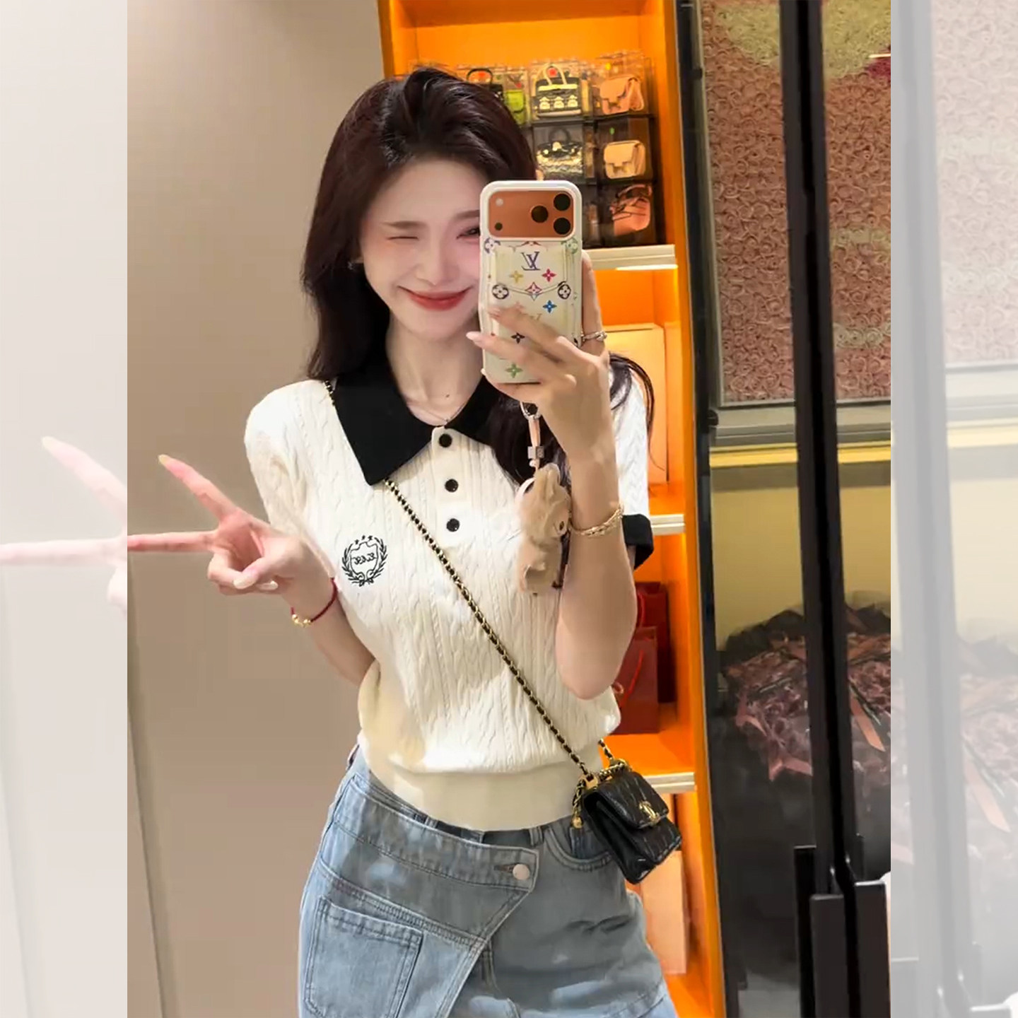 배색 패치워크 POLO 칼라 자수 니트 반팔 티셔츠 여성 자이언트 잘 생긴 ~ 중 여름 고유 한 아름다운 얼음 실크 맨위