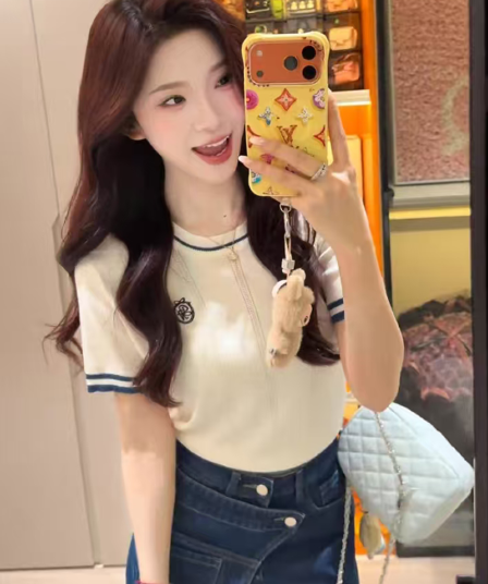 한 스타일 학원 스타일 일상 다용도 루즈핏 캐주얼 라운드 넥 니트 스웨터 여름 반팔 얇은 스타일 배색 연령 감소 맨위