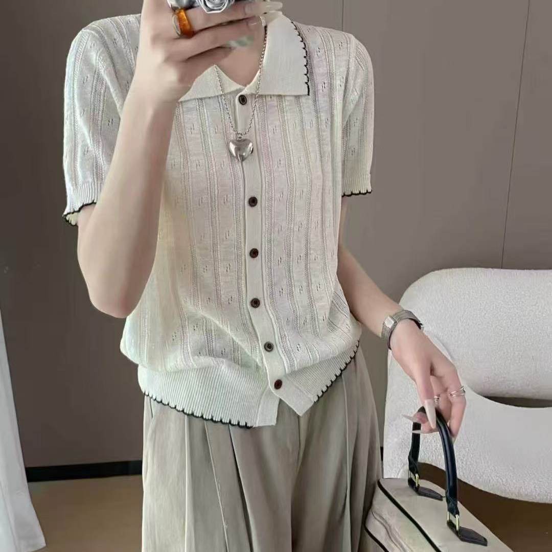 패치워크 색상 폴로 칼라 얇은 스타일 반팔 티셔츠 여성 루즈핏 여름 새로운 한 부서 다용도 니트 오픈 가디건 맨위 반소매
