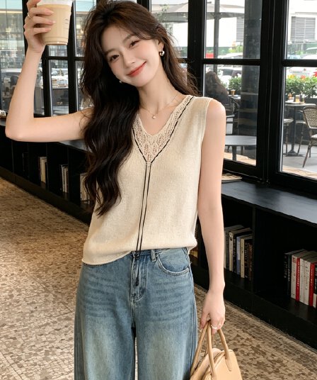 익스트림 제인 바람 V넥 술 조끼 여성 홀로우 아웃 세부 사항 디자인 다용도 슬림해 보이는 민소매 인사이드 잡아라. 의류 출퇴근 다용도