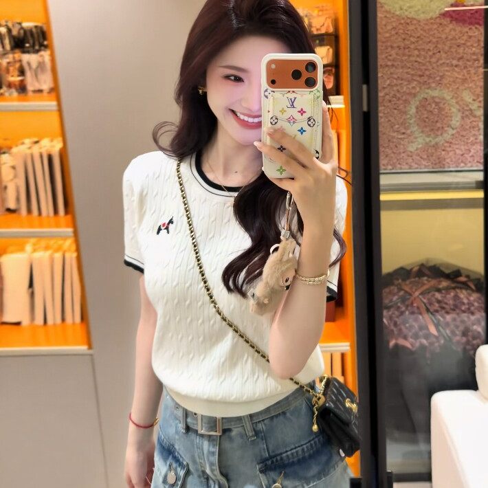 한 부서 학원 스타일 패치워크 색상 작은 말 자수 반팔 얇은 스타일 니트 스웨터 여성 여름 연령 감소 슬림해 보이는 아름다운 맨위