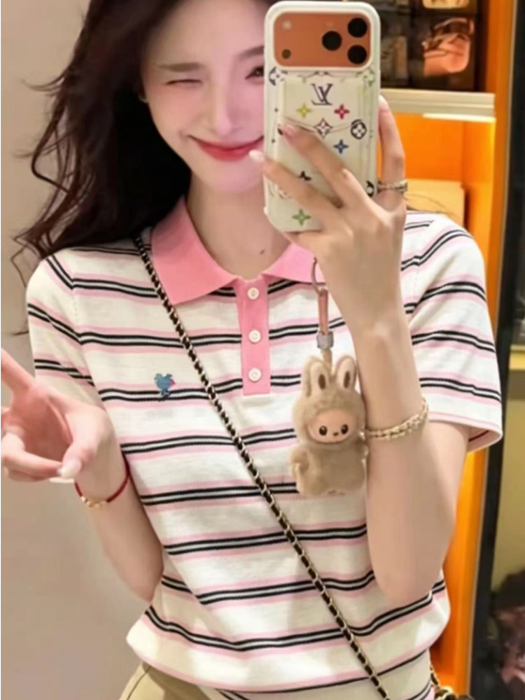 POLO 칼라 스트라이프 아기 코끼리 반팔 티셔츠 여성 2026 새로운 여름 한 부서 달콤함 연령 감소 루즈핏 캐주얼 맨위