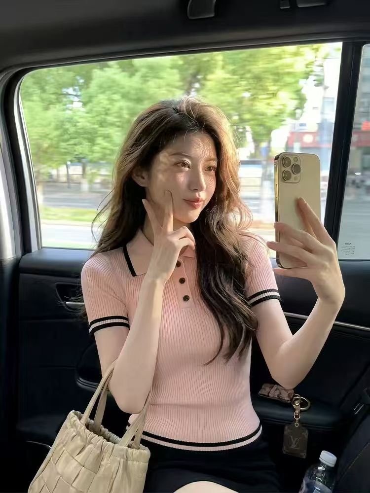 한 부서 부드러운 핑크색 폴로 칼라 반팔 니트 스웨터 여성 여름 고유 한 아름다운 POLO 칼라 다용도 신축성 작은 맨위