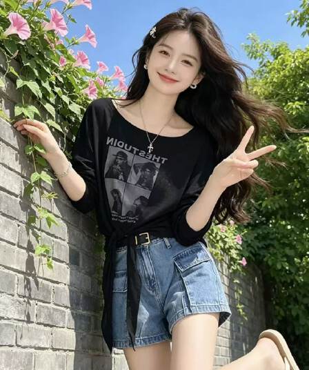잡지 바람 레트로 초상화 프린트 스트랩 긴팔 자외선 차단 블라우스 여성 2026 여름 새로운 한국 스타일 얇은 스타일 티셔츠