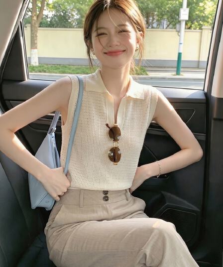 프랑스식 얼음 실크 홀로우 아웃 POLO 칼라 민소매 조끼 여성 여름 고유 한 품격 루즈핏 슬림해 보이는 다용도 어깨 맨위
