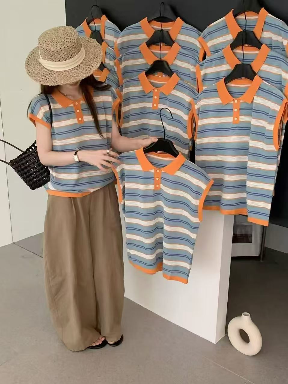 대나무 마디 마 POLO 칼라 배색 스트라이프 니트 반팔 맨위 여성 2026 여름 새로운 패션 작은 대중 쇼트 스타일 티셔츠