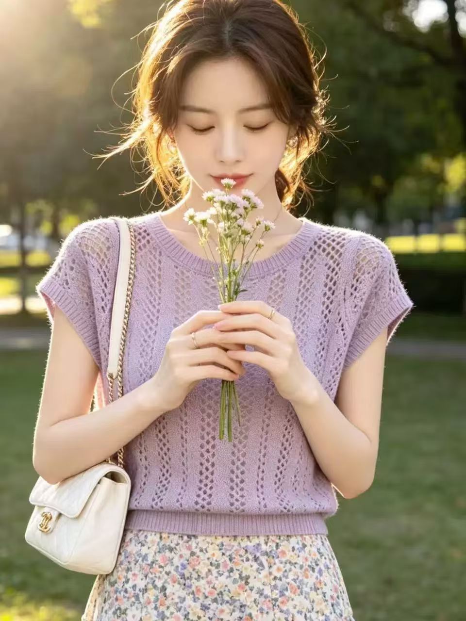 느긋한 바람 홀로우 아웃 니트 스웨터 티셔츠 여성 여름 2026 년 새로운 보라색 라운드 넥 반팔 다용도 슬림해 보이는 맨위