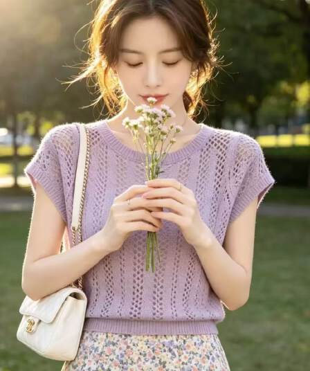 느긋한 바람 홀로우 아웃 니트 스웨터 티셔츠 여성 여름 2026 년 새로운 보라색 라운드 넥 반팔 다용도 슬림해 보이는 맨위