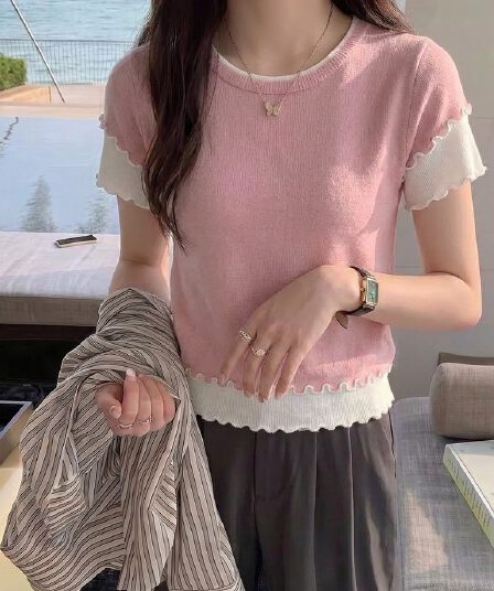 유럽 상품 회색 라운드 넥 풀오버 얼음 실크 니트 반팔 티셔츠 여성 여름 슈퍼 화재 폭발 프릴 패치워크 맨위