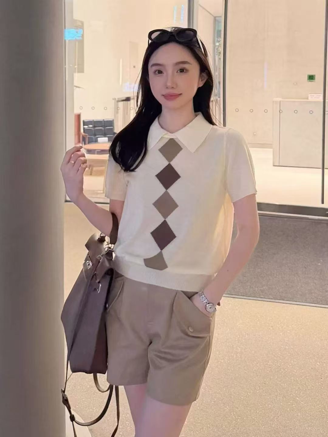 한 부서 학원 스타일 POLO 칼라 링 그리드 반팔 티셔츠 니트 스웨터 여성 여름 루즈핏 슬림해 보이는 캐주얼 맨위 얇은 스타일