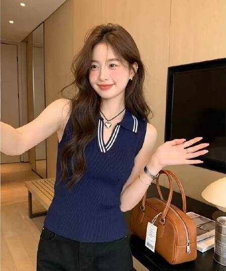 보존 섹션 추천 한 부서 미니멀리즘 폴로 칼라 민소매 니트 조끼 여성 여름 새로운 신선함 슬림해 보이는 다용도 맨위