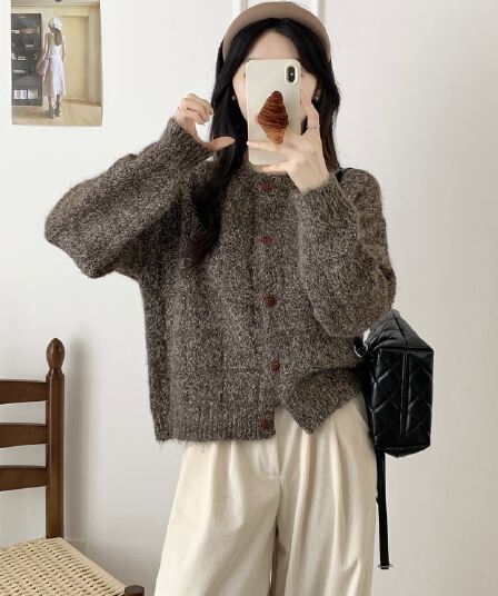 한 부서 느긋한 바람 레트로 세련된 더블 실 색상 캐주얼 루즈핏 슬림해 보이는 라운드 넥 싱글 줄 버튼 오픈 가디건 스웨터 여성 코트