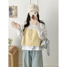 批发韩系甜美减龄u领马甲背心女早<b class='q'>秋</b>钩花边宽松外搭叠穿针织吊带上衣