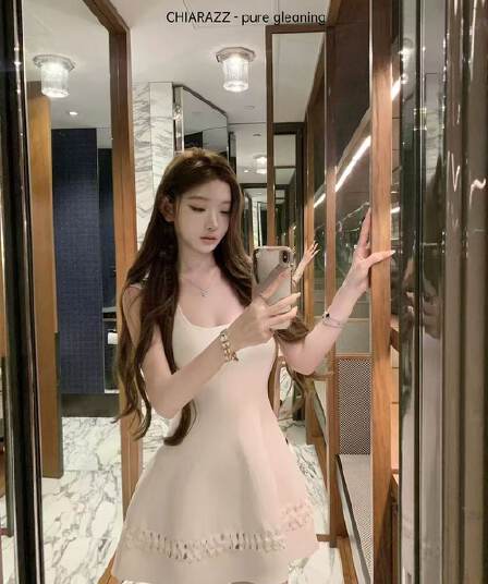 화이트 광장 칼라 니트 슬립 여성 드레스 여름 프랑스식 고급 센스 몸매 가꾸기 허리 수축 작은 키 한 마디 미니 스커트