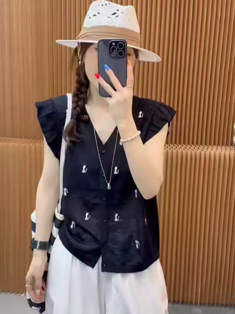 새끼 고양이 자수 Feifei 소매 얼음 실크 니트 오픈 가디건 여성 유럽 역 2026 여름 새로운 유럽 상품 여성 의류 맨위 트렌디
