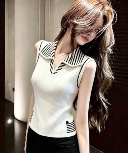 복잡한 고대 돈 바람 베이지 색 스트라이프 폴로 칼라 민소매 니트 조끼 여성 여름 섹션 미니멀리즘 Chic 다용도 맨위