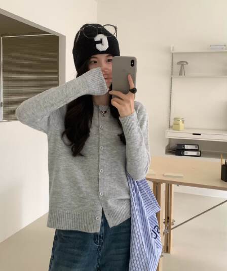 한 부서 우유 fufu 회색 너구리 플러시 니트 오픈 가디건 여성 봄 가을 부드러운 찹쌀 느긋한 스웨터 코트 고급 센스 맨위