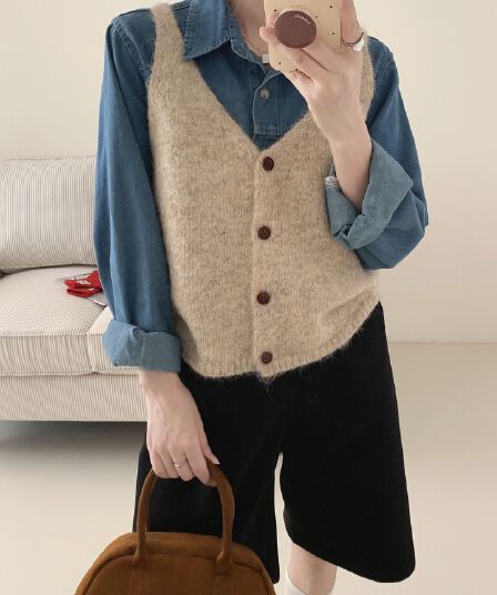 한 부서 미니멀리즘 부드러운 찹쌀 느긋한 바람 캐미솔 이른 가을 새로운 루즈핏 품격 다용도 연령 감소 스웨터 여자 베스트