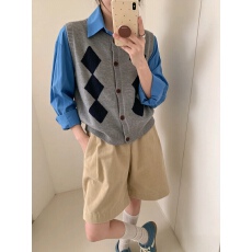 批发韩系秋<b class='q'>冬</b>新款学院风菱形格纹复古圆领无袖针织衫时尚背心上衣