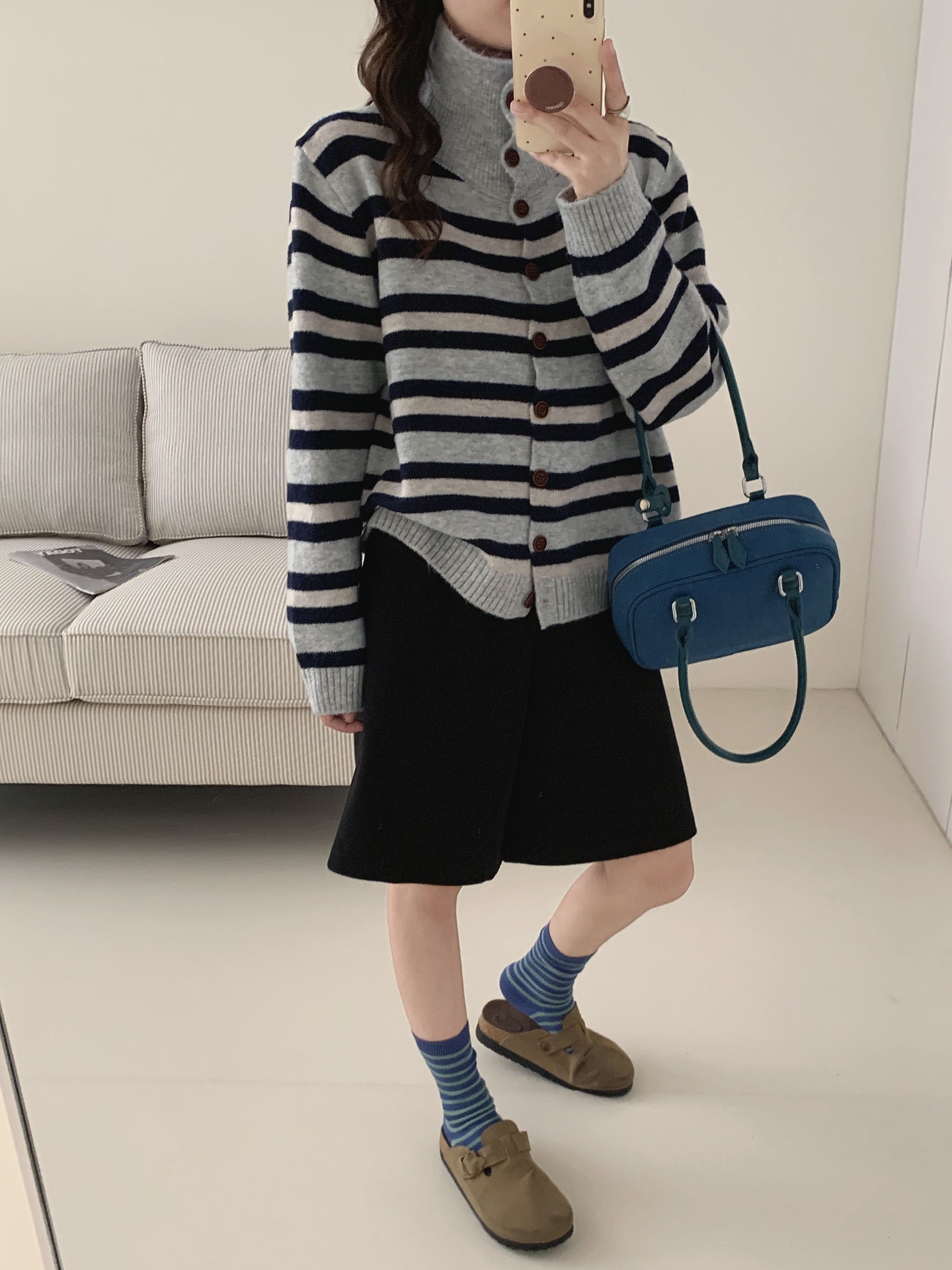 가을 겨울 새로운 여성 한국 스타일 루즈핏 패션 터틀넥 오픈 가디건 다용도 캐주얼 싱글 줄 버튼 스트라이프 스웨터 스웨터 코트
