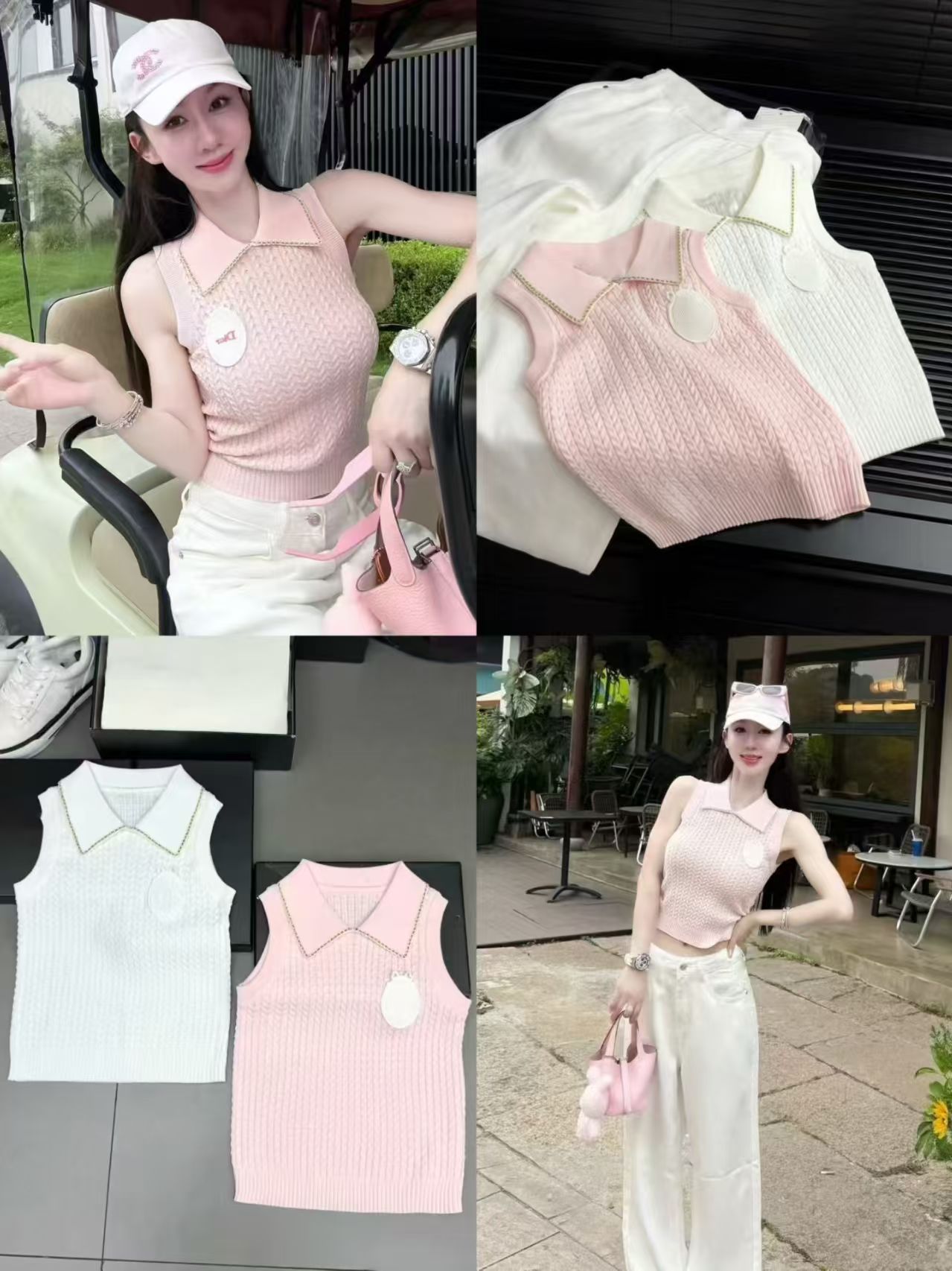 여름 달콤함 POLO 칼라 민소매 니트 조끼 여성 슬림해 보이는 다용도 품격 알파벳 자수 꽈배기 조끼 맨위