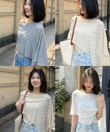 프랑스식 불규칙 홀로우 아웃 페이크 레이어드 반팔 얼음 실크 니트 스웨터 여성 여름 얇은 스타일 루즈핏 망토 숄 맨위
