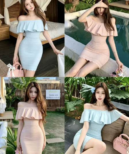 프랑스식 파란색 프릴 오프숄더 여성 드레스 여름 허리 수축 타이트 스커트 치마 품격 휴가 슬림해 보이는 미니 스커트