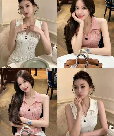 2026 한 부서 복숭아 분말 홀로우 아웃 POLO 칼라 니트 조끼 슈퍼 잘 생긴 부드러운 바람 연령 감소 민소매 맨위 여성