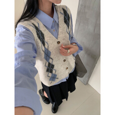 批发韩系慵懒风撞色菱格v领马甲针织背心女秋冬宽松叠穿毛衣无袖上衣