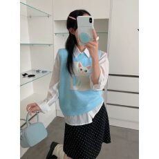 批发针织<b class='q'>背心</b>2026秋季新款复古学院风猫咪<b class='q'>图案</b>刺绣叠穿上衣女