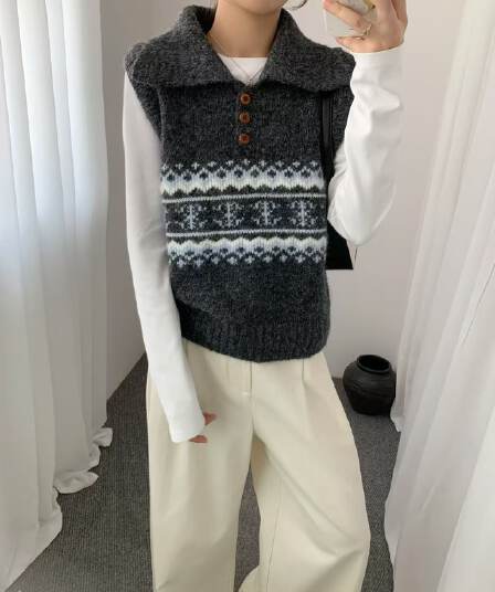공정한 섬 POLO 칼라 조끼 여자 가을 겨울 2026 가을 새로운 와이드 부드러운 찹쌀 풀오버 니트 스웨터 베스트 맨위