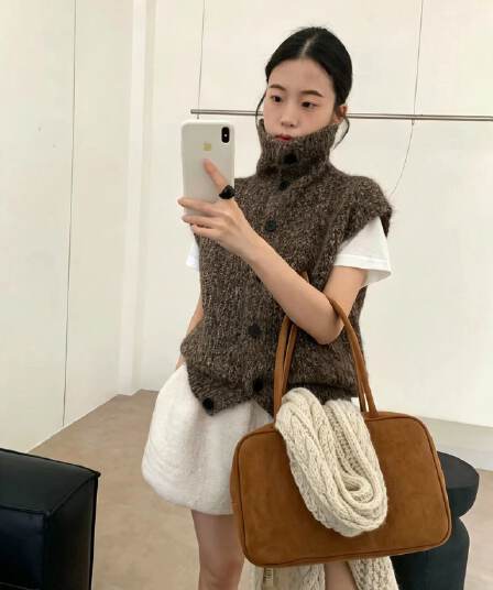 레트로 캐주얼 다용도 어깨 말뚝 더미 칼라 단추 스웨터 조끼 스택 착용 니트 조끼 여자 가을 겨울 외출용 맨위
