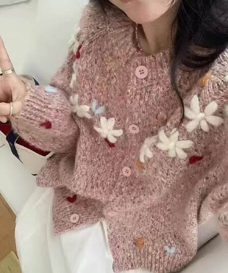 느긋한 바람 자수 라운드 넥 스웨터 오픈 가디건 여성 루즈핏 봄 새로운 외국 가스 일본식 달콤함 외부 가져 가라. 니트 맨위