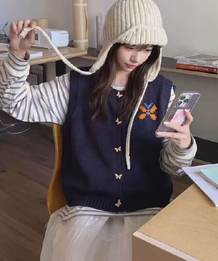 한국 chic 레트로 나비 자수 스웨터 오픈 가디건 여성 여름 새로운 외국 가스 연령 감소 베스트 조끼 맨위 트렌디
