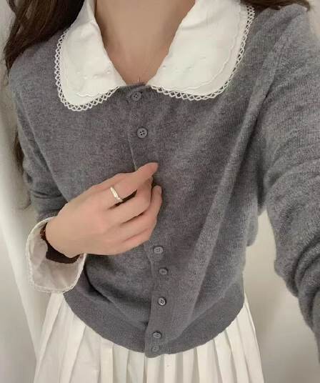 한 부서 달콤한 스타일 가을 새로운 2026 베이비 칼라 패치워크 슬림해 보이는 다용도 스웨터 오픈 가디건 여성