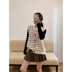 批发韩系甜美可爱撞色条纹圆领针织开衫女秋<b class='q'>冬</b>软糯百搭毛衣马甲