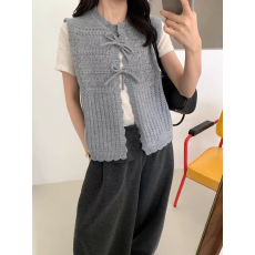 批发设计感花边圆领系带开衫针织马甲女秋季宽松叠穿毛衣背心坎肩上衣