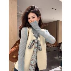 批发复古韩系丝巾系带针织马甲女秋季通勤蝴蝶结外穿<b class='q'>百搭</b>无袖上衣ins