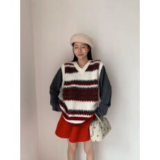 批发费尔岛条纹针织衫马甲女<b class='q'>秋</b>宽松慵懒风休闲百搭V领套头高级感上衣