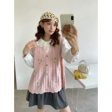 批发森女系<b class='q'>甜美</b>小清新刺绣v领毛衣背心秋冬百搭宽松针织马甲