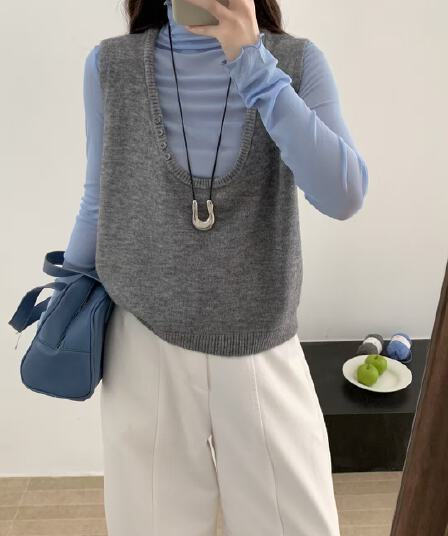 한 부서 미니멀리즘 측면 버클 u 칼라 스웨터 조끼 여성 가을 겨울 새로운 인사이드 가져 가라. 스택 착용 루즈핏 민소매 니트 베스트 트렌디