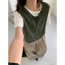 批发韩系简约百搭款～纯色系圆领<b class='q'>木</b>扣 口袋背心配衬衫叠穿针织马甲女