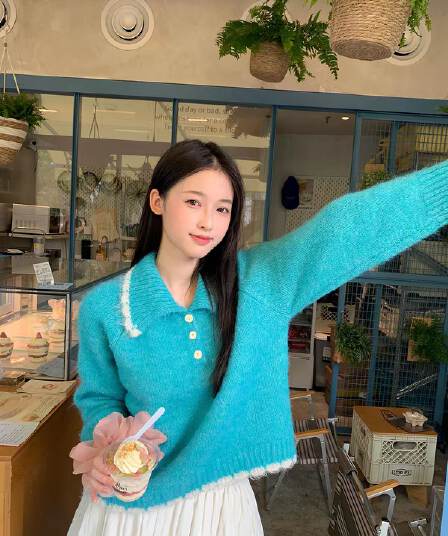 달콤한 도움말 배색 레이스 POLO 칼라 스웨터 2026 활력 소녀 사탕 색상 쇼트 스타일 폴로 칼라 니트 스웨터 여성