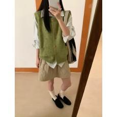 批发韩系黄色针织马甲背心女装2026年秋季单排扣开衫叠穿无袖坎肩上衣