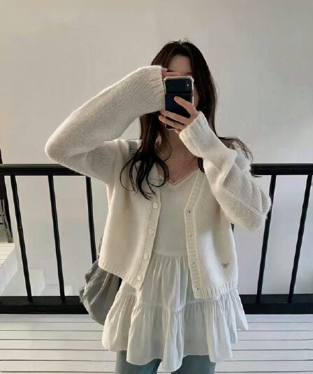한국 chic 가을 새로운 달콤함 오픈 가디건 여성 프랑스식 작은 대중 품격 연령 감소 부드러운 바람 쇼트 스타일 니트 재킷