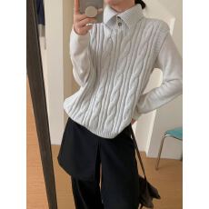 批发韩系复古polo领麻花针织马甲女秋冬外搭叠穿宽松纯色毛衣背心上衣